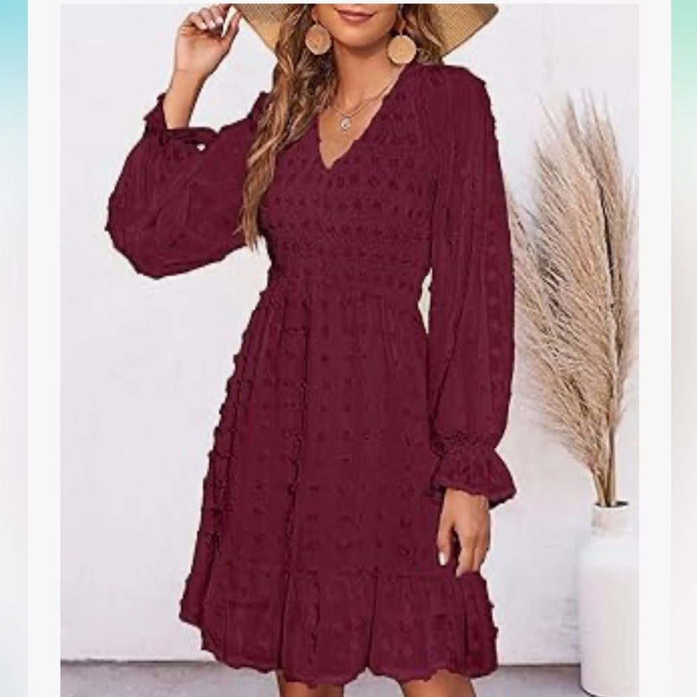 Btfbm  Long Sleeve Burgundy Swiss dot  Dress